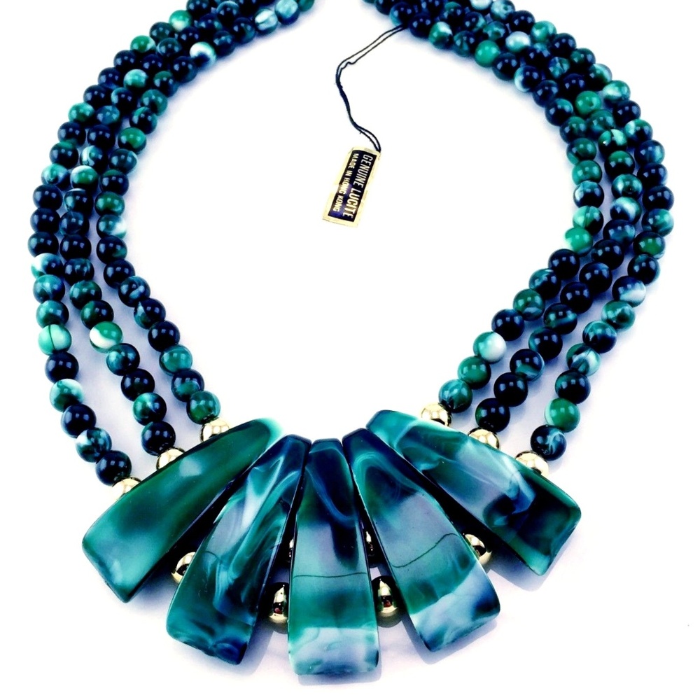 LUCITE FAUX MALACHITE NECKLACE HONG KONG 1960'S